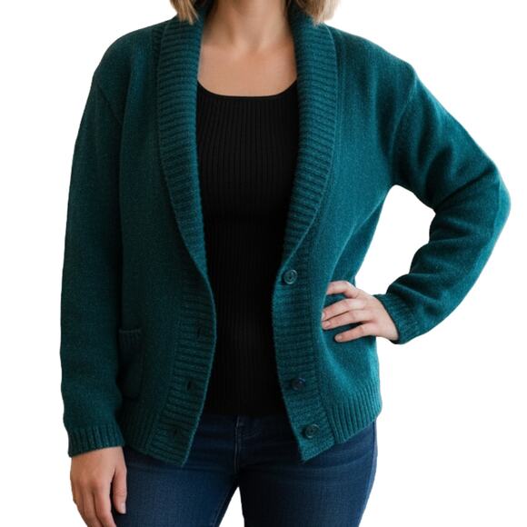 Lands End Vintage Teal Slouchy Cardigan Wool Sweater Womens Medium - Picture 1 of 13